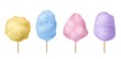 Cotton candy. Sweet sugar candyfloss pink, blue and yellow yummy fluffy dessert with stick, traditional carnival or festival, party or park delicious confection 3d realistic vector set