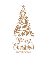Wall Mural - merry christmas and happy new year. greeting card with christmas tree. vector