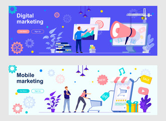 Digital marketing landing page with people characters. Advertising and promotion in social network, discounts and sales web banners. Mobile marketing vector illustration great for social media cover.