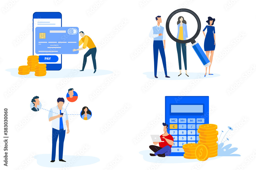 Set of people concept illustrations. Vector illustrations of m-commerce, online payment, e-banking, communication, human resources and career, accounting - obrazy, fototapety, plakaty 