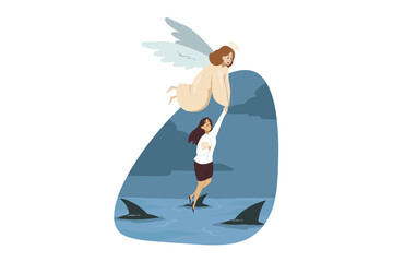 Canvas Print - Religion, christianity, business concept. Angel biblical character helping carrying young businesswoman manager over sea full of sharks. Divine support from failure bankruptcy and financial crisis.
