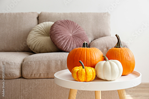 Bunch of classic orange, hooligan and baby boo pumpkins on marble textured table as a symbol of autumnal holidays with a lot of copy space for text. Living room interior background, Close up.