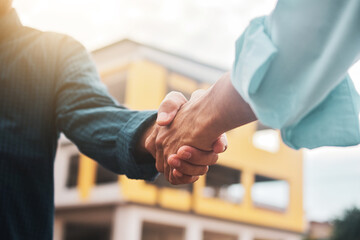 Close up Engineer shake hand at construction site in concept teamwork success achievement partner