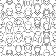 © Phoenix Icons - Crowd of people vector seamless pattern. Monochrome background with diverse unrecognizable business men, woman line icons. Black white color illustration