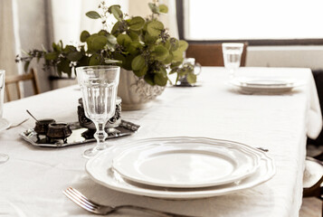 Decorated boho table. The table is covered with a tablecloth, plates, glasses and a vase with a green plant