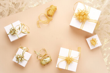 Gifts boxes on light background. Christmas festive layout