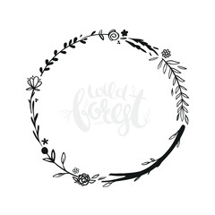 Wall Mural - Simple round floral wreath. Rustic natural wreath isolated on white, vector illustration. 