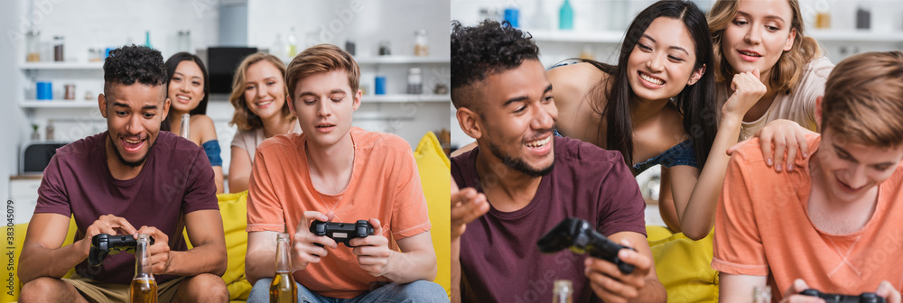 KYIV, UKRAINE - JULY 28, 2020: collage of multiethnic friends playing video game during party, horizontal image - obrazy, fototapety, plakaty 