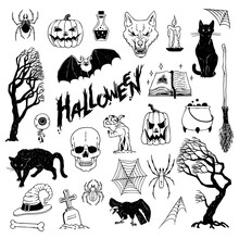 Set For Halloween Holiday. Vector Black White Sketch Illustrations Of Mystical Objects And Creepy Animals And Creatures.