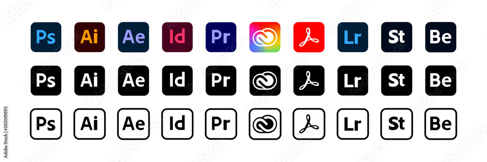 Adobe product. Logotype set of adobe products: adobe, illustrator ...