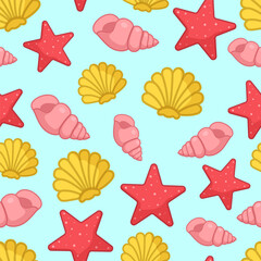 Wall Mural - Seamless pattern with aquatic nautical shellfish, coral star, starfish, shell, mollusk, sea or ocean design, symbols, cool design for wrapping, packaging, wrapper, print, tropical concept, marine life