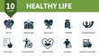 Healthy Lifes icon set. Collection contain vitamins, weight loss, increase energy, healthy diet and over icons. Healthy Lifes elements set