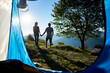 Back view of two young couple resting near camping and big tree in the mountains at sunny morning. Romantic guy and girl tourists holding hands. View from inside a tent