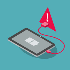 Fototapete - Juice jacking attack symbol with a tablet and a red USB charging port, isolated on blue background. Flat design, easy to use for your website or presentation.