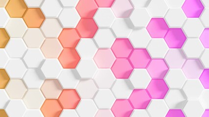 Abstract Honeycomb Geometry Loop 1 Multicolor 2: white and orange to purple gradient hexagons grid. Random moving array of hexagons. Abstract hexagonal background. Seamless loop. 4K