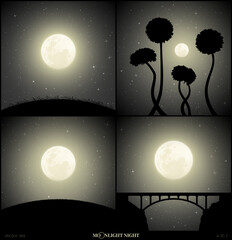 Sticker - Moonlight landscapes. Full moon in night starry sky. Black white set