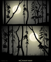 Sticker - Landscape with mixed forest on moonlight night. Dark mysterious horizontal background with full moon in starry sky. Black and white vector illustration set for use in polygraphy, design, decor