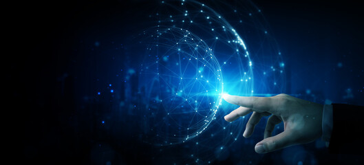 Hand touching abstract network circle technology structure. Innovation networking future worldwide global concept