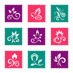 Wall Mural - Set of postage stamps with floral icons