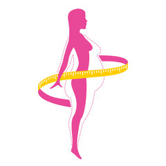 Weight loss program logo (isolated icon) - female silhouette with fat and slim body comparsion and measuring tape around