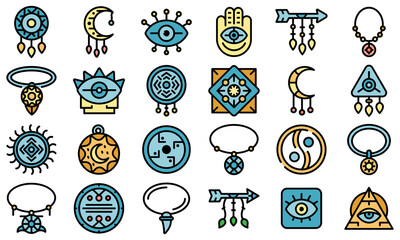 Sticker - Amulet icons set. Outline set of amulet vector icons thin line color flat on white