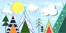 Forest With Bright Wigwams, Full Moon And Clouds. Vector Illustration For Child Room, Textile Or Wallpaper Print. 