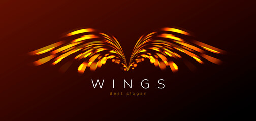 Wall Mural - golden wings made of sparkling lights, blurred flares, logo identity, digital design element