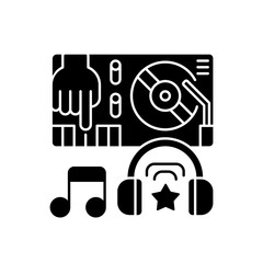 Sticker - Electronic music black glyph icon. Dj mixer station. Party music editing. Professional equipment. Headphones for listening. Silhouette symbol on white space. Vector isolated illustration