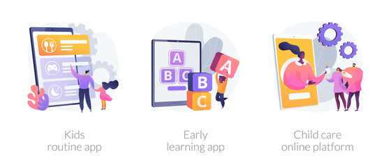 Canvas Print - online childcare service abstract concept vector illustration set. kids routine app, early learning 