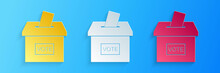 Paper Cut Vote Box Or Ballot Box With Envelope Icon Isolated On Blue Background. Paper Art Style. Vector.