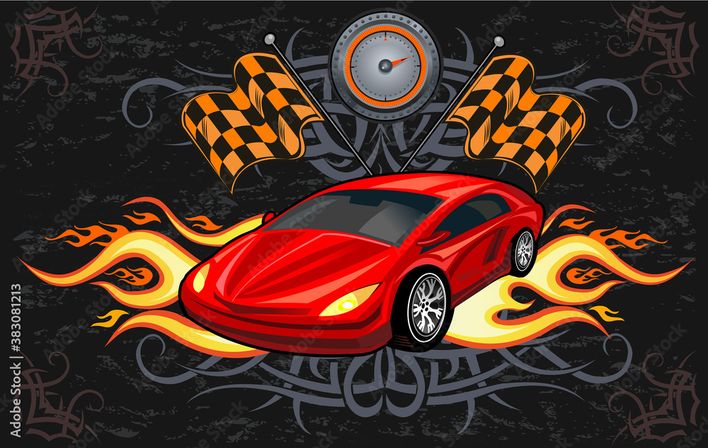 Big red sports car ready to start racing on the track. Original design ...
