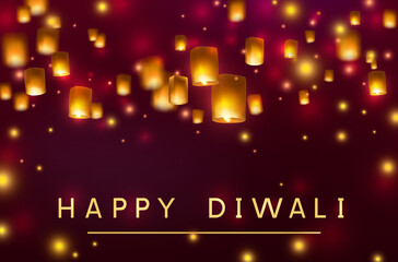 Wall Mural - Diwali festival floating lantern lamps. Vector indian paper flying lights with flame at night sky background