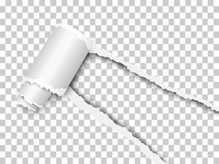 Wall Mural - Torn, snatched window placed diagonally from lower right corner in checkered transparent paper with paper curl. Transparent background of the resulting hole. Vector template paper design.
