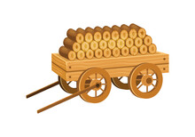 Wooden Cart With Firewood. Logs, Boards For The Forest Lumber Industry, Farming, For Everyday Life, Gardening Vector