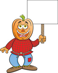 Wall Mural - Cartoon illustration of a scarecrow with a pumpkin for a head holding a sign.