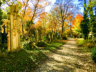 Beautiful cemetary or graveyard Südfriedhof Sudfriedhof in Munich, Germany, famous landmark tourist sightseeing destination for historic graves and tombstones in breathtaking natural landscape scenery