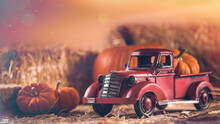 Autumn Composition. Red Pickup Truck With Pumpkin And Straw Bale. Farm Country Style Decorations. Happy Thanksgiving Day.
