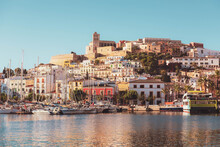 Selective Focus On Building, Beautiful Ibiza Old Town With Blue Mediterranean Sea And City View In The Morning