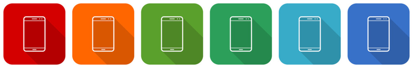 Leinwandbilder - Smartphone, mobile phone icon set, flat design vector illustration in 6 colors options for webdesign and mobile applications
