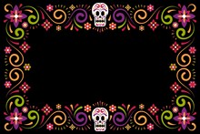 Dia De Muertos Holiday Flower Frame With Sugar Skull. Day Of Dead Mexican Carnival Celebration Border. Vector Illustration.