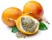Granadilla With Leaves And Passion Fruit Half Isolated On A White Background.