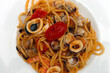 spaghetti with seafood, shellfish, mussels, clams, crustaceans (Italian spaghetti allo scoglio)