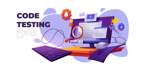 Wall Mural - code testing cartoon banner. functional test, methodology of programming, search errors and bugs, we