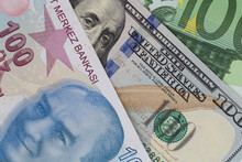 Close Up Of Turkish Lira, Dollar And Euro Banknotes