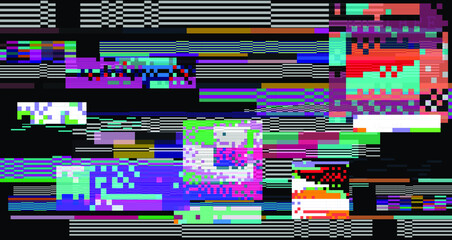 Wall Mural - Glitch datamoshing camera effect. Retro VHS background like in old video tape rewind or no signal TV screen. Vaporwave and retrowave style vector illustration.