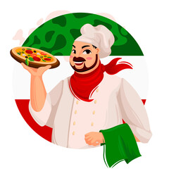 Poster - Cartoon Color Character Person Male Chef Pizza Concept. Vector