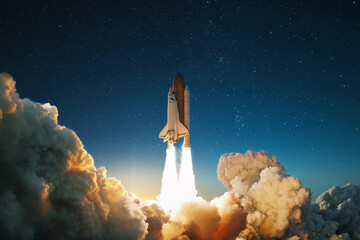 Fototapete - New Ship flies to another planet. Spaceship takes off into the starry sky. Rocket starts into space. Concept