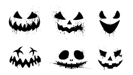 Canvas Print - Black scary, funny and horror faces of Halloween pumpkin or ghost.