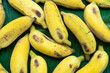 Flat lay layout of yellow bananas on a green banana leaf. Eco food