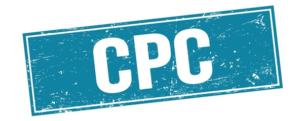 CPC text on blue grungy rectangle stamp.